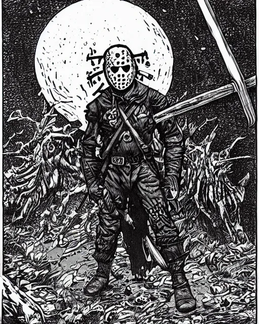 Image similar to Jason Voorhees as a D&D monster, pen-and-ink illustration, etching, by Russ Nicholson, DAvid A Trampier, larry elmore, 1981, HQ scan, intricate details, high contrast