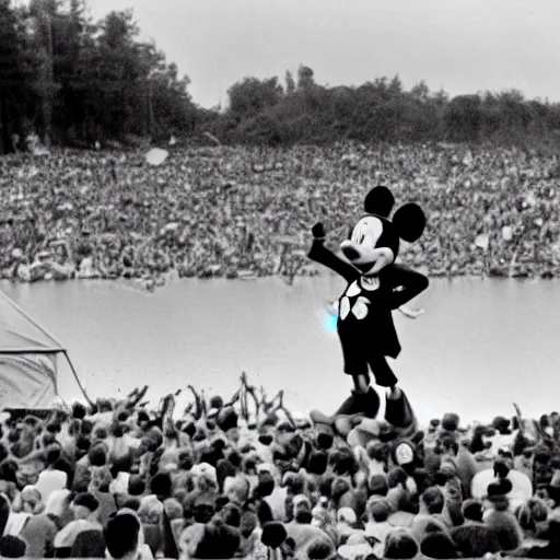 Prompt: mickey mouse performing at woodstock