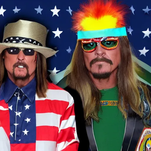 Prompt: Kid Rock wearing an eagle costume supplexing President Biden dressed like the Ultimate Warrior, trending on artstation, WWE world wrestling