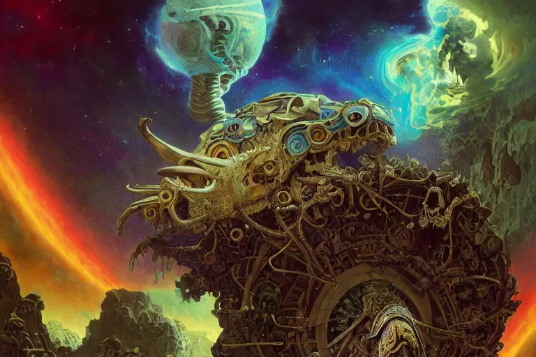 Image similar to gigantic demonic cosmic skull of death, outer space, fantasy painting, ultra realistic, dmt, symmetrical, wide angle, intricate details, digital painting, rainbowshift, vivid colors, highly detailed by peter mohrbacher, h. r. giger, maxfield parrish, alphonse mucha, craig mullins, octane render, cgi