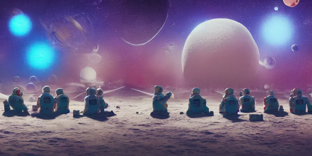 Image similar to twelve cosmonauts sitting by the river with a big holiday cake + octane render + ue 5 + planets and stars + mystical fog + psychedelic colors + super detail, high quality