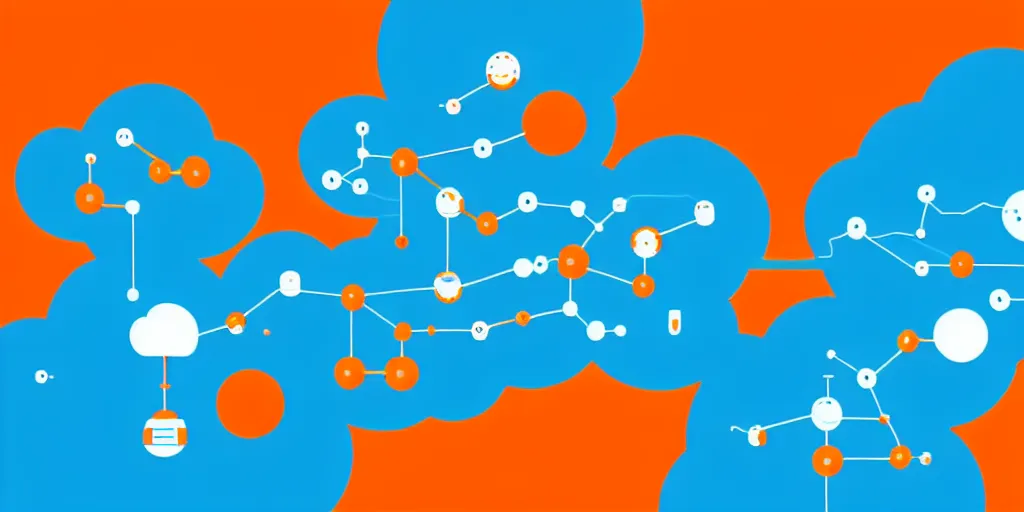Prompt: Cloud server, ship, molecules, atoms. Minimalistic design, contemporary design, infographics. Logo. Blue, cyan and orange palette. Vivid, 8K, Epic, Masterpiece