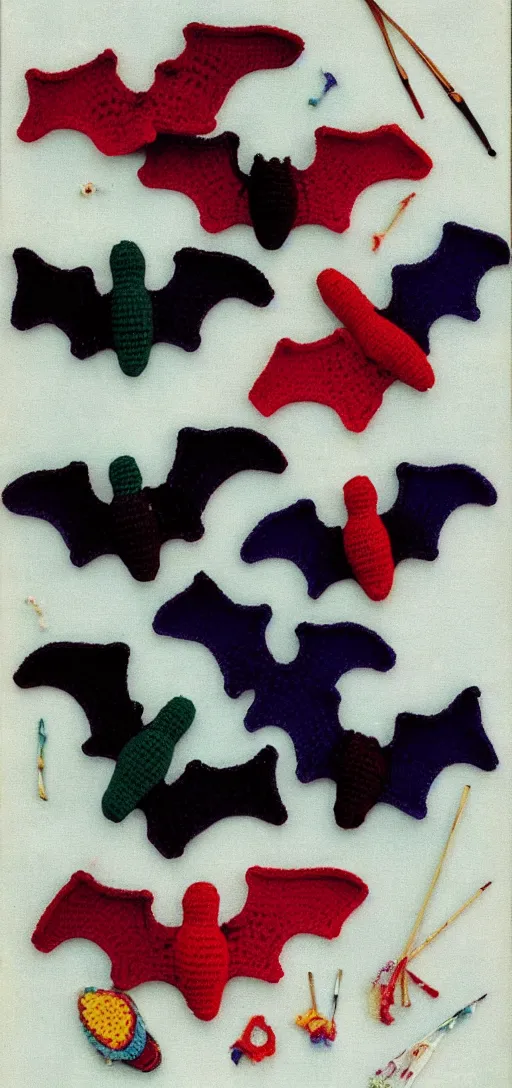 Image similar to multicolored crocheted bats, 1 9 8 0 s catalogue photography