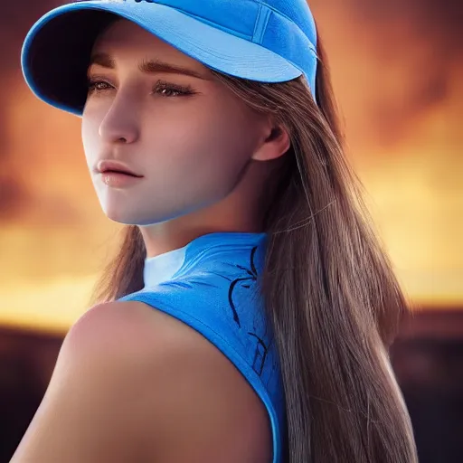 Image similar to photo of a gorgeous caucasian female with long brown hair with light blue ends in the style of stefan kostic, tank top, visor, realistic, cyberpunk, body shot, sharp focus, 8 k high definition, insanely detailed, intricate, elegant, art by stanley lau and artgerm, floating embers