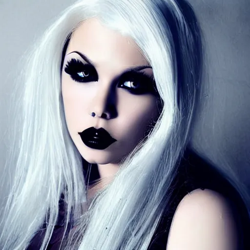 Image similar to modeling photograph kerli koiv, blonde, beautiful, dark, mysterious, bubble goth, detailed face