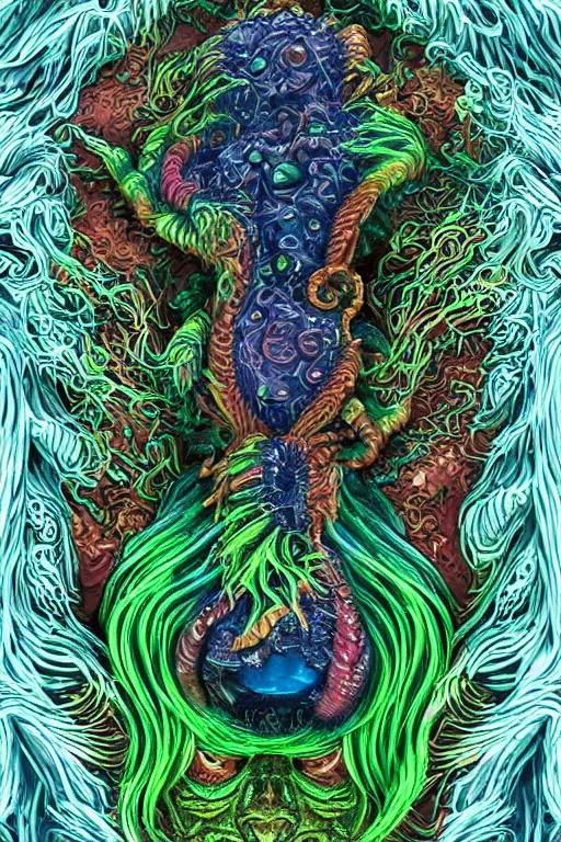 Image similar to creature sushi roots cactus elemental flush of force nature micro world fluo light deepdream a wild amazing steampunk baroque ancient alien creature, intricate detail, colorful digital painting radiating a glowing aura global illumination ray tracing