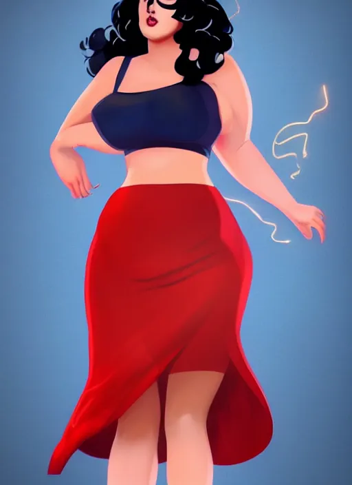 Image similar to full body portrait of teenage veronica lodge, obese, bangs, sultry, realistic, sultry smirk, wavy hair, red skirt, fat, belly, intricate, elegant, glowing lights, highly detailed, digital painting, artstation, concept art, smooth, sharp focus, illustration, art by wlop, mars ravelo and greg rutkowski