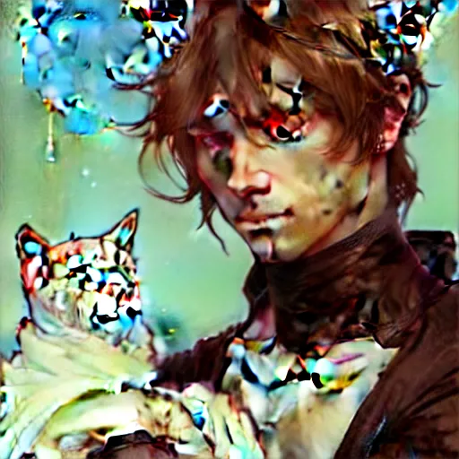 Image similar to Portrait of a pretty fantasy catboy with cat ears. Art by Greg Rutkowski and Alphonse Mucha