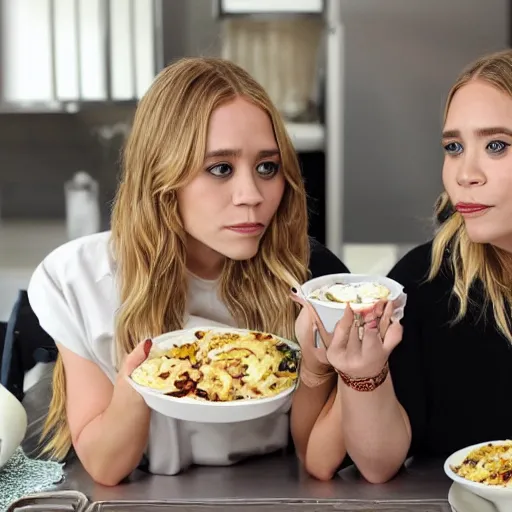 Prompt: obese mary kate and ashley olsen eating mukbang