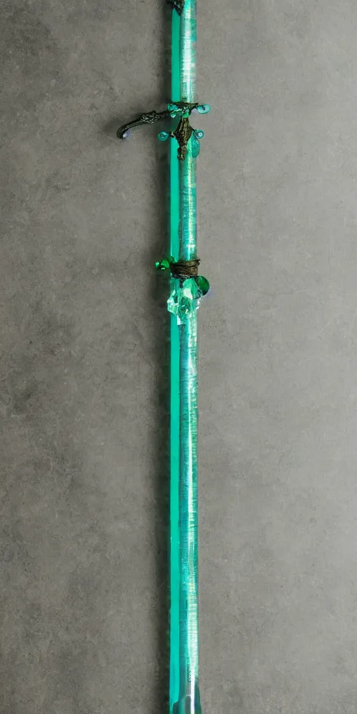Image similar to photograph of a wide green and teal crystal sword blade attached to a big gold sword hilt