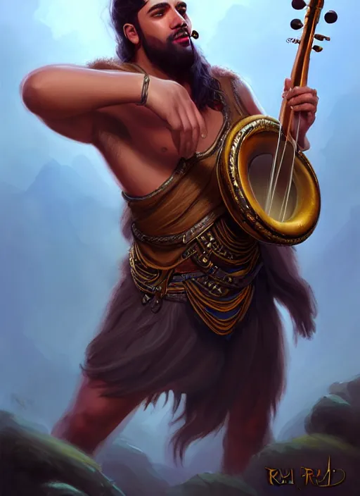 Image similar to a _ fantasy _ style _ portrait _ painting _ of islander male charismatic bard playing instrument, rpg dnd oil _ painting _ unreal _ 5 _ daz. _ rpg _ portrait _ extremely _ detailed _ artgerm _ greg _ rutkowski _ greg