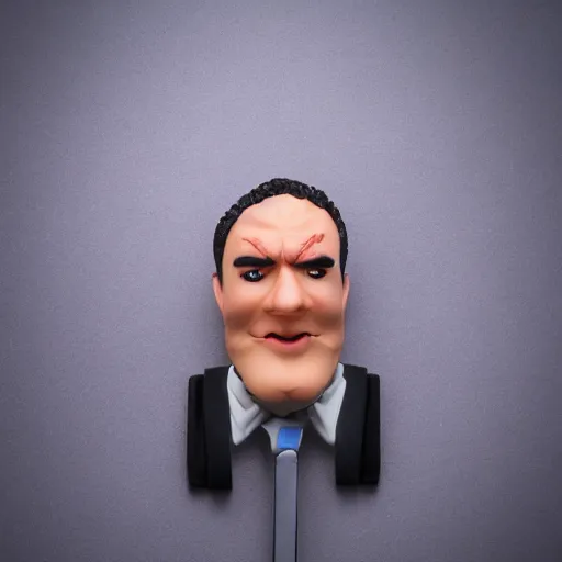 Prompt: Action figure face portrait. Knockoff character. Parody. Amateur creation. Original character. Product photography. Cheap. Dumb. Unusual.
