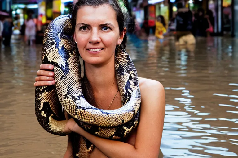 Image similar to closeup portrait of a woman carrying a python over her head in a flood in Rundle Mall in Adelaide in South Australia, photograph, natural light, sharp, detailed face, magazine, press, photo, Steve McCurry, David Lazar, Canon, Nikon, focus