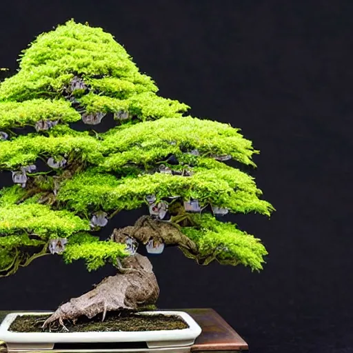 Prompt: studio photograph of an award - winning miniature kwanzan cherry bonsai forest featuring extreme detail that can be seen in contrast, image used to advertise new camera technology's ability to capture extreme detail