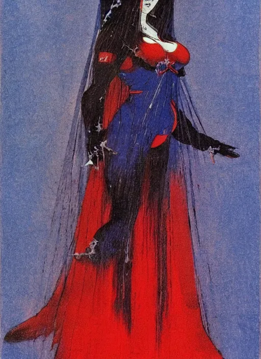 Image similar to portrait of heavyset korean vampiress, jeweled veil, blue and red, strong line, saturated color, beautiful! coherent! by frank frazetta, high contrast, minimalism