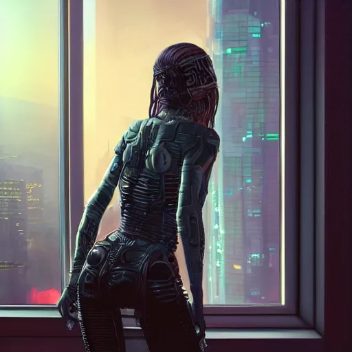 Prompt: portrait of cyberpunk woman looking out of a window, cyberpunk setting, futuristic, highly detailed, intricate lighting, digital painting, sharp focus, illustration, trending on artstation, by rob rey