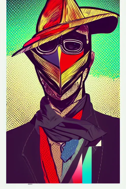 Prompt: random masked guy with blouse, pop art, aesthetic art, 8 k, asymmetrical, high details, digital painting, concept art, smooth, sharp focus, illustration, intricate, art by arstation and mimmo rottela, pixels art by paul robertson