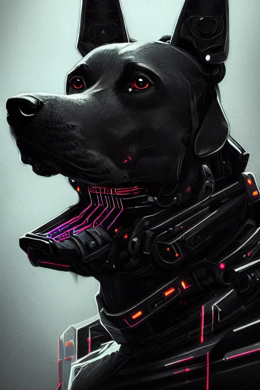 Prompt: a portrait of cyberpunk dog, grim - lighting, high - contrast, intricate, elegant, highly detailed, digital painting, artstation, concept art, smooth, sharp focus, illustration