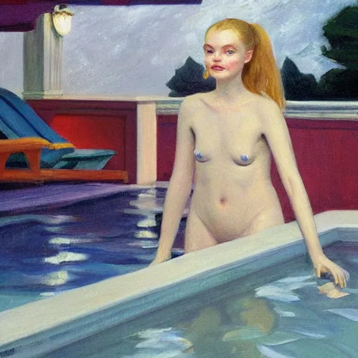 Image similar to Elle Fanning and Dr. Anthony Fauci at the pool at night, head and shoulders portrait, stormy weather, extremely detailed masterpiece, Roger Deakin’s cinematography, oil on canvas, Edward Hopper,