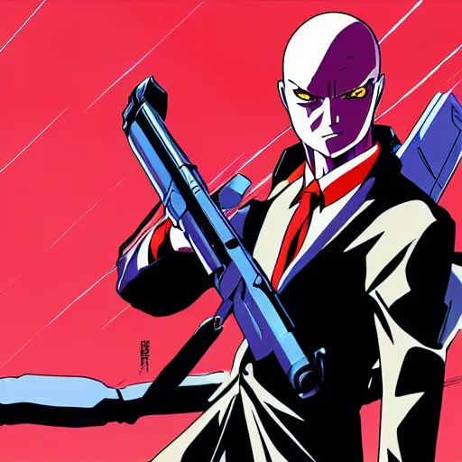 Image similar to Agent 47 in a scene from neon Genesis Evangelion, trending on pixiv, black ink, complex detail