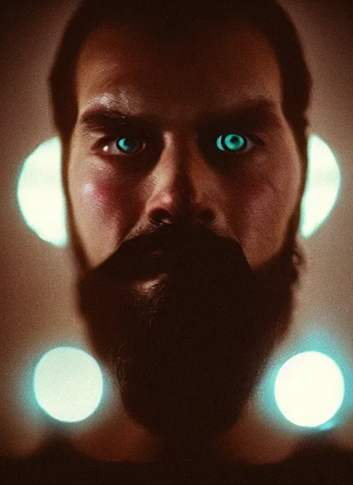 Prompt: 6 5 mm film still masterpiece portrait photo of a bearded man, sci - fi, techwear, biotech, cyberpunk, blade runner, cyborg, grainy, withered, worn, glowing lights, 4 k, sharp focus, intricate by artgerm