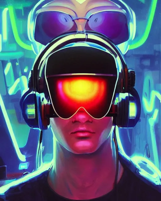 Image similar to future coder man looking on, sleek cyclops display over eyes and sleek bright headphoneset, neon accent lights, holographic colors, desaturated headshot portrait digital painting by dean cornwall, rhads, john berkey, tom whalen, alex grey, alphonse mucha, donoto giancola, astronaut cyberpunk electric