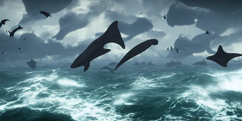 Image similar to a group of stingray, rays and sharks flying in the sky in a rough sea, sea of thieves style, unreal engine, cinematic, waves, fog, clouds, rain