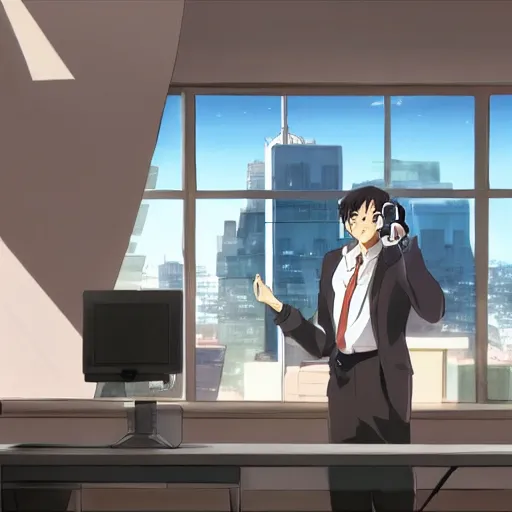 Prompt: anime of wall street broker sitting in his office laughing on the phone with skyview in background, studio ghibli, makoto shinkai, trending on artstation, 2 d hd, 8 k