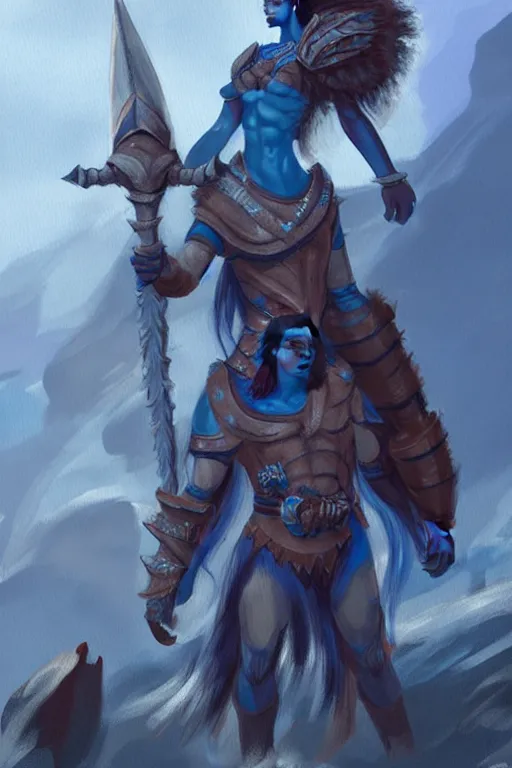 Prompt: a small blue-skinned triton girl wearing scale armor riding on a the shoulders of a large male goliath wearing fur and leather armor, dnd concept art, painting by Tyler Jacobson