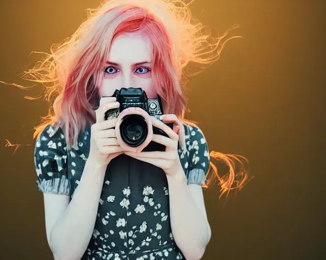 Image similar to pale young woman with bright blonde hair, freckles, gray eyes and a wide face, flowery dress, she is holding a professional dslr camera close to her face with one hand, dramatic lighting, bright flare, expressive, surrealist art by conrad roset