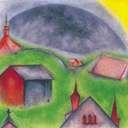 Prompt: onion roof in a rural city, in the style of chagall