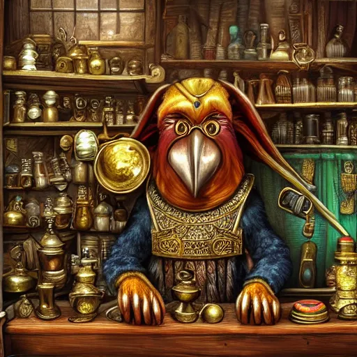 Prompt: Anthropomorphized parrot trader in his shop, selling his wares, portrait, items, gold, magic potions, carpet, window, sly expression , cunning expression, cute expression, long thick shiny gold beak, presenting wares, holding a gold bag, D&D, fantasy, cinematic lighting, highly detailed, digital painting, artstation, concept art, smooth, sharp focus, illustration, warm light, cozy warm tint, magic the gathering artwork, volumetric lighting, 8k, art by Akihiko Yoshida, Greg Rutkowski
