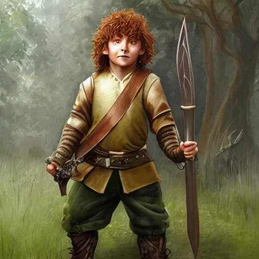 Prompt: a young warrior hobbit in leather armor with short hair and a dark green cloak hiking through the forest holding a hunting bow, trending on artstation, realistic, detailed, by Tony Sart