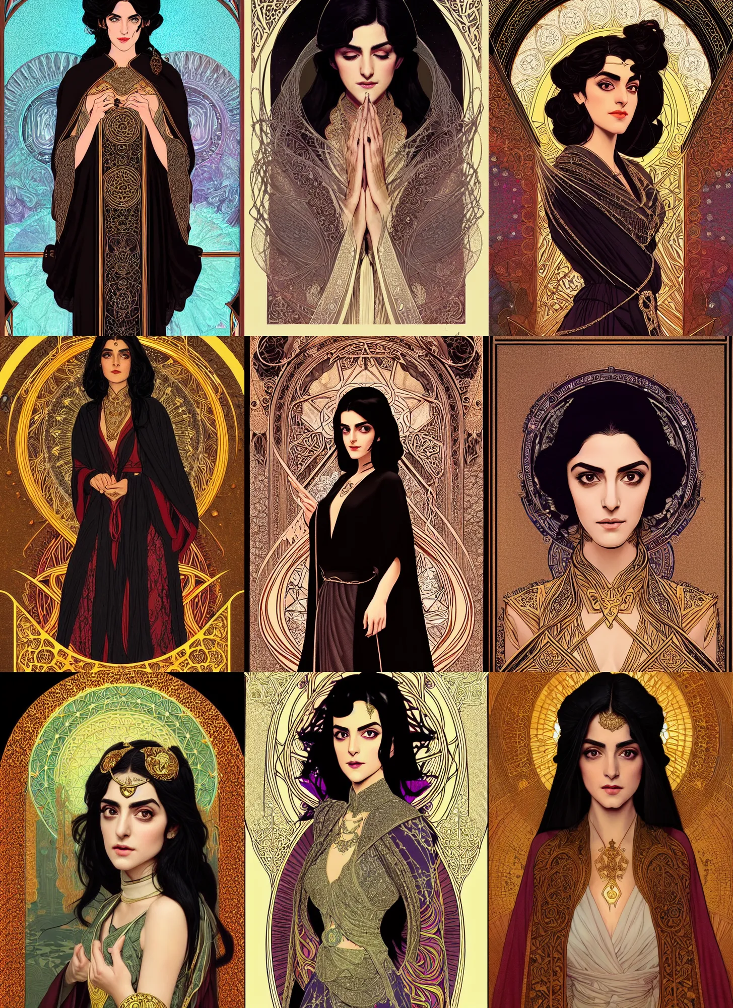 Prompt: centered portrait, Maya Ali as a D&D sorcerer, black hair, intricate robes, Art Nouveau, beautiful retro Fantasy heroine 1985, intricate, elegant, highly detailed, centered, digital painting, trending on artstation, concept art, smooth, sharp focus, illustration, art by Mucha, Ilya Kuvshinov, WLOP