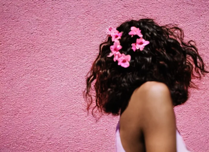 Prompt: photography, close-up of the back of a woman\'s head with interwoven flowers in center against a pink wall, daylight, 35mm