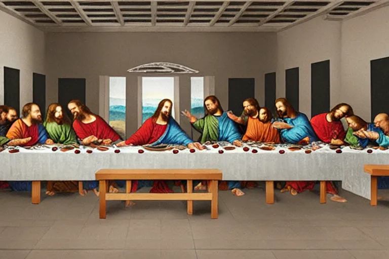 Image similar to tasteless magazine ad of the last supper in a taco bell