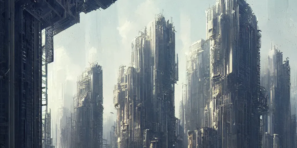 Prompt: skyscrapers made from mechanical parts, greg rutkowski, 8 k, shallow depth of field, intricate detail, concept art,