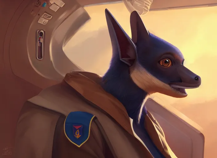 Image similar to character portrait feature of the anthro male anthropomorphic flying fox fruit bat fursona wearing airline pilot outfit uniform professional pilot for delta airlines character design stylized by charlie bowater, ross tran, artgerm, and makoto shinkai, detailed, soft lighting, rendered in octane