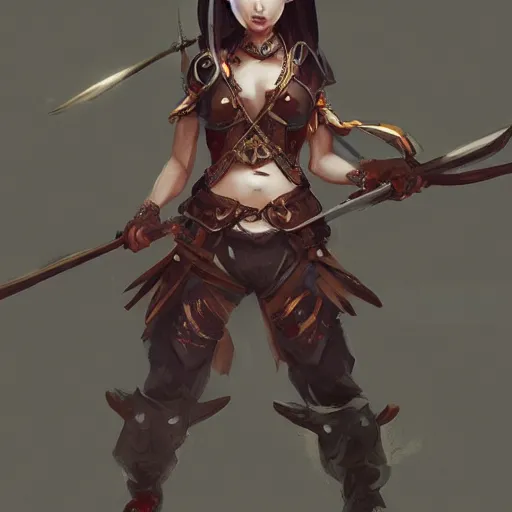 Image similar to beautiful Asian woman with a weapon, full view, character design, warrior outfit, dramatic lighting, by seunghee Lee,detailed, artstation