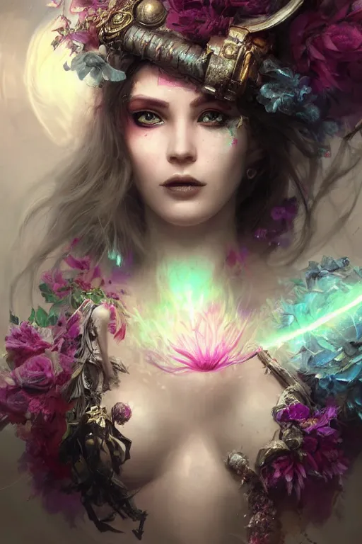 Prompt: face closeup of beautiful girl necromancer, witch - doctor covered with velvet exploding into crystals, angels, 3 d render, hyper realistic detailed portrait, holding magic flowers, ruan jia, wlop. scifi, fantasy, hyper detailed, octane render, concept art, peter mohrbacher
