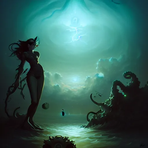 Prompt: in the style of Peter Mohrbacher, Steve Niles and artgerm, Chtulhu, Lovecraftian, ocean, night, storm, lighting