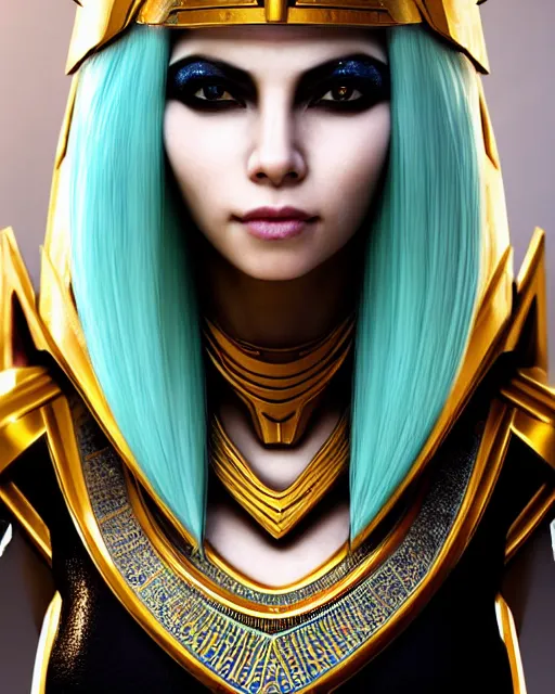 Image similar to perfect white haired attractive egyptian goddess, warframe armor, pharaoh headdress, beautiful, symmetric, dreamy, half asian, pretty face, green eyes, charlize theron, detailed, scifi platform, laboratory, experiment, 4 k, ultra realistic, epic lighting, android body, illuminated, cinematic, masterpiece, art by akihito tsukushi, voidstar