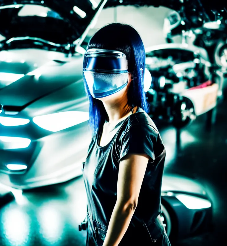 Image similar to a photo close up a female mechanic standing next to cyberpunk car,, wearing mask, cyberpunk garage, cyberpunk gunma prefecture, midnight, photorealistic, cinematic color, studio lighting, highly detailed, bokeh, style by tomino - sama