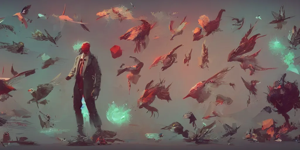 Image similar to bird is ok with the situation, character sheet, colorful, contrast, 3 d scene, greg rutkowski, zabrocki, karlkka, jayison devadas, trending on artstation, 8 k, ultra wide angle, zenith view, pincushion lens effect