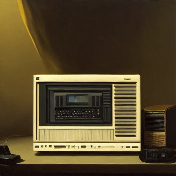 Prompt: still life painting of a retro monitor and a commodore 6 4 by pieter claesz, oil on canvas, strong lighting, highly detailed, hyper realism, golden hour, god rays, hd, 4 k