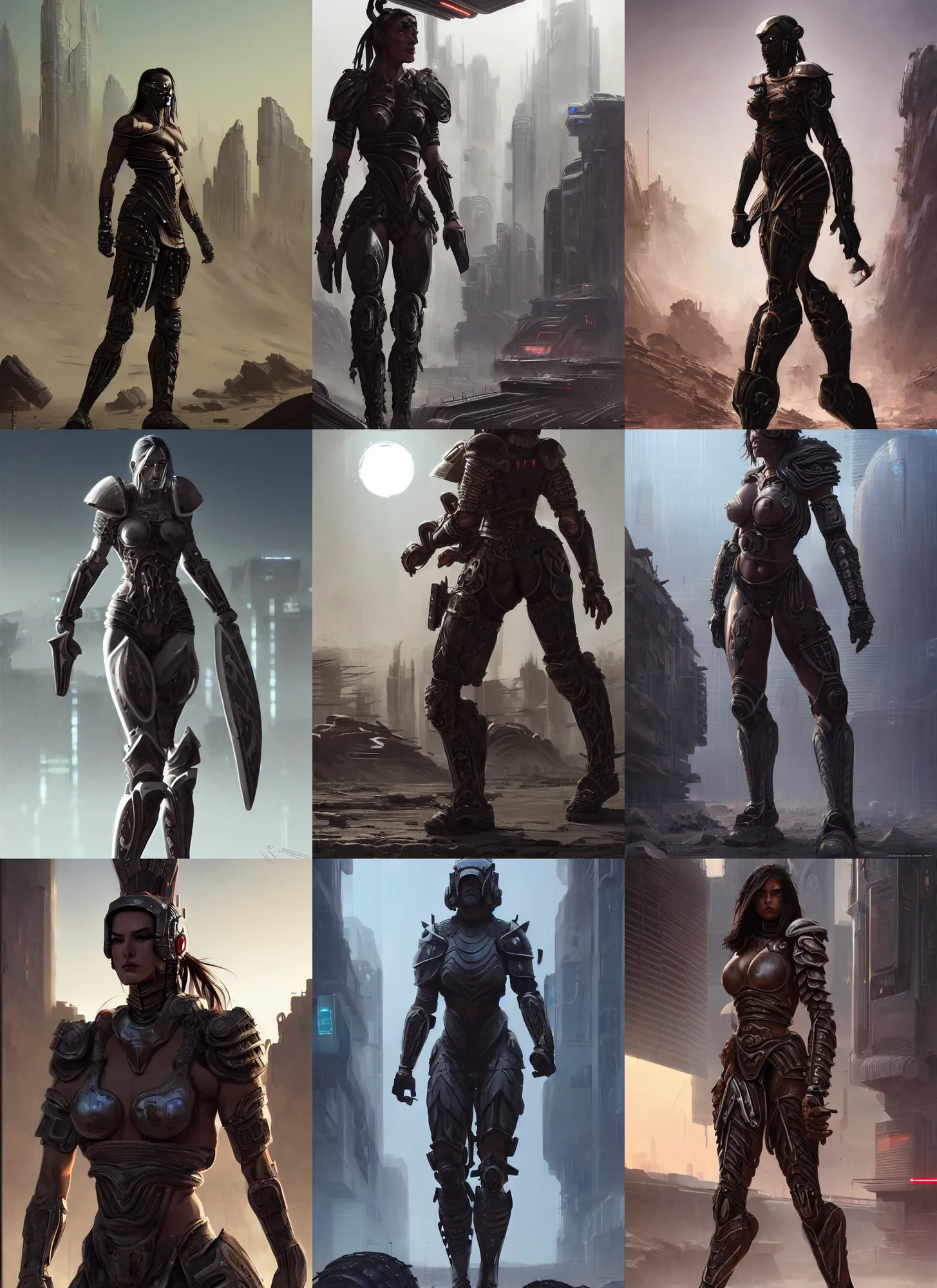 Prompt: a big muscular female warrior in tao armor walking across a cyberpunk wasteland with no helmet, attractive female face, symmetrical face details, ultra realistic, very highly detailed, 8K, octane, Digital painting, concept art, illustration, rule of thirds, sharp focus, centered, The style of Syd Mead