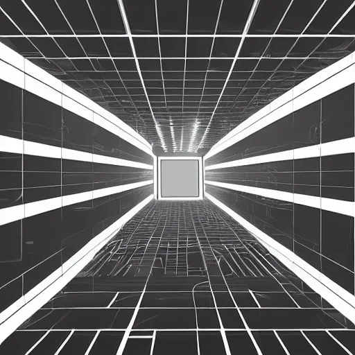 Prompt: inside of blank dark without light endless cube with black walls and white neon contours. Digital Concept Art