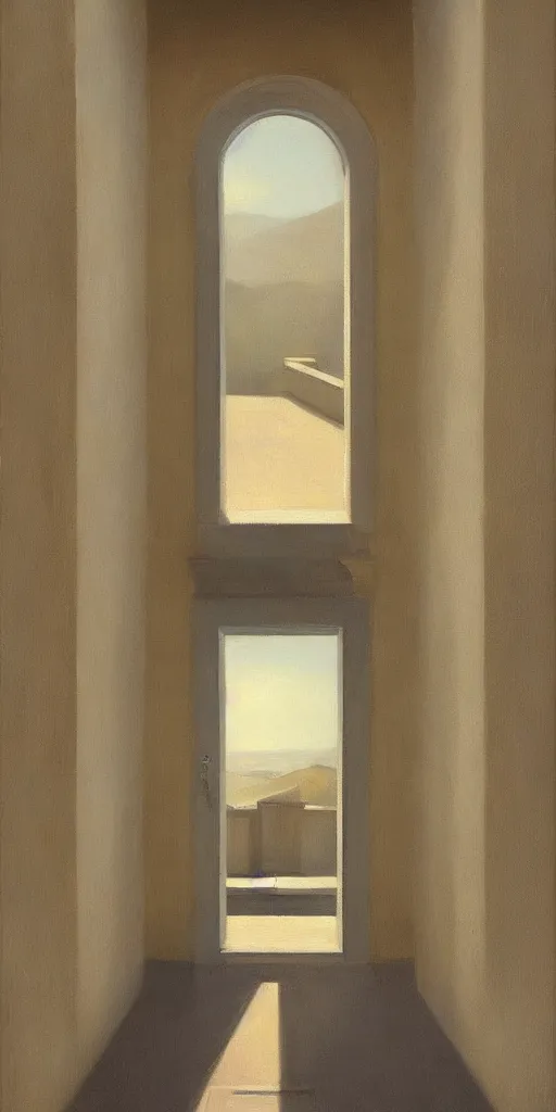 Image similar to entrance to ethereal realm, cinematic and highly detailed oil painting by josep tapiro baro and edward hopper, trending on artstation, oil painting masterpiece, symmetry, mysterious, very very very aesthetic