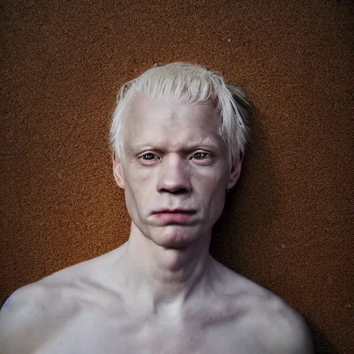 Prompt: color portrait of a middle aged albino male model by emmanuel lubezki