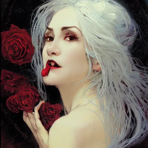 Prompt: portrait of a menacing beautiful vampire, head only, headshot, detailed and clear eyes and mouth, blinding white hair, roses scattered everywhere, by Stanley Artgerm Lau , greg rutkowski, thomas kindkade, alphonse mucha, loish, norman rockwell, J. C. Leyendecker. hair waving in the wind, pale skin, sinister complexion, thorn crown, image bordered by thorns, thorn background. D&D, fantasy. Trending on artstation rule of thirds extremely detailed render, extremely realistic, detailed lighting, octane hd 4k